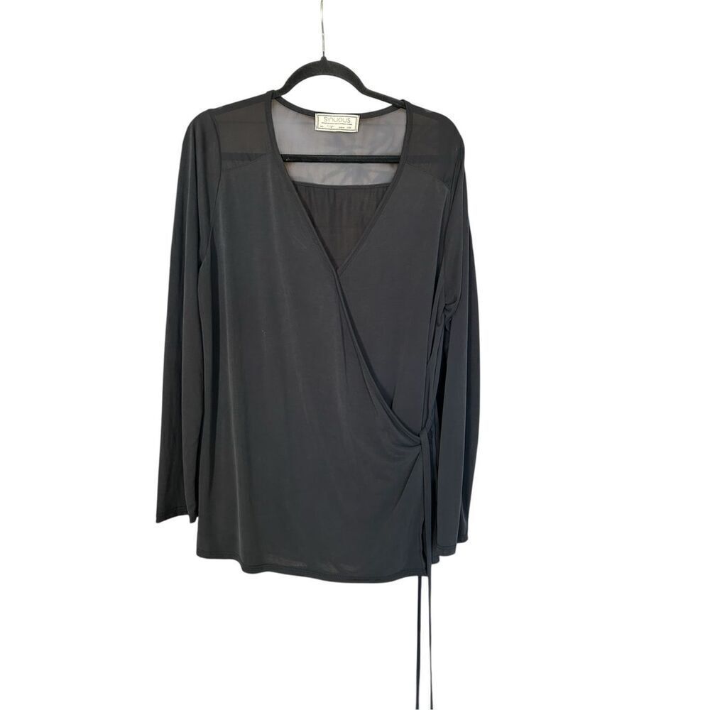 Sinuous Black Sheer Mesh Wrap Blouse Top Women’s Size Large Long Sleeve